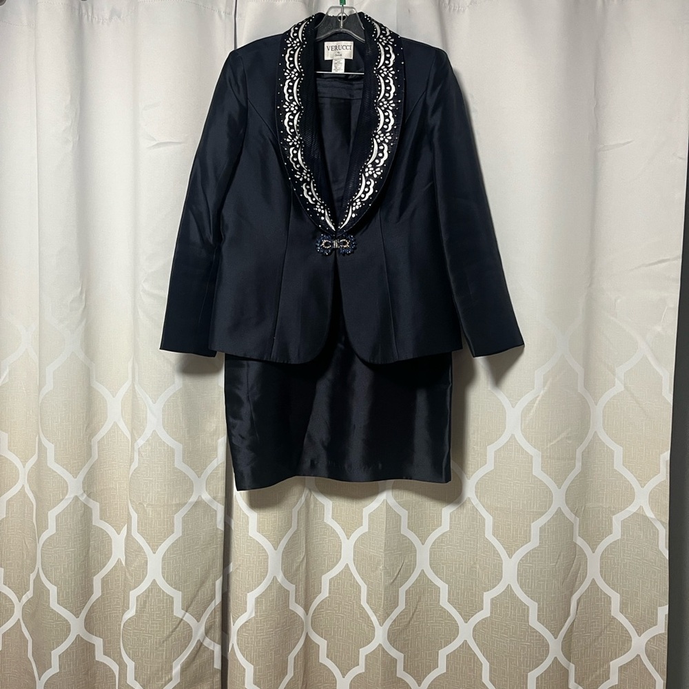 Navy Women's Jacket/skirt set  with Embellished Collar